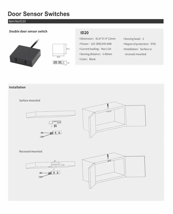 ID20 Black Double Door Sensor Switch - Image 2