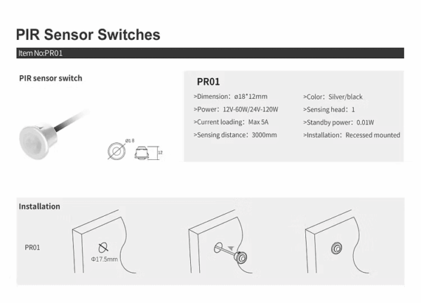 PR01 Silver PIR Motion Sensor Switch - Image 3