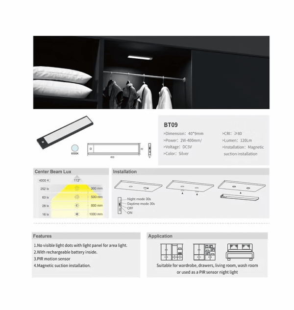 BT09 Silver Rechargeable LED Light with Advanced PIR Sensor - Image 3